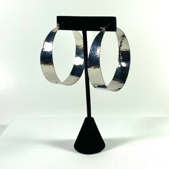 Large Silver wide hoop pierced earrings - Picture 1 of 2